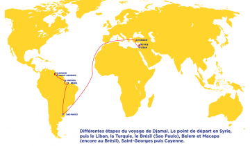 Carte : l'itinéraire d'un ressortissant syrien avant d'arriver en Guyane